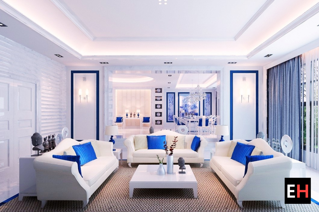 mavi beyaz salon tasarımı